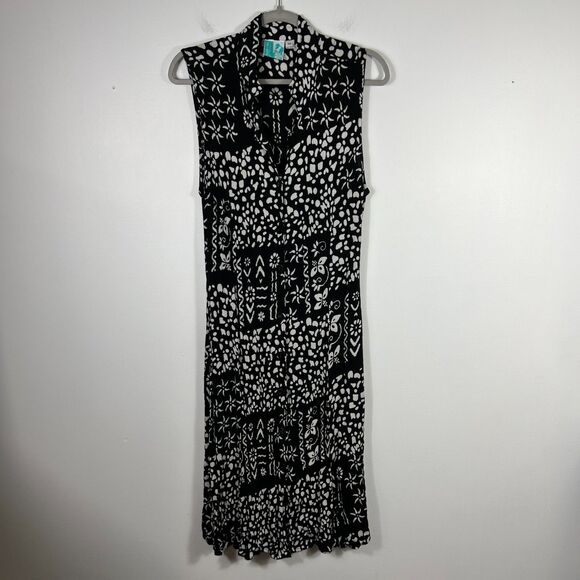 Buster N Bogi Dress 0X Black White Batik Button Front Sleeveless Flowy Floral - Picture 1 of 15